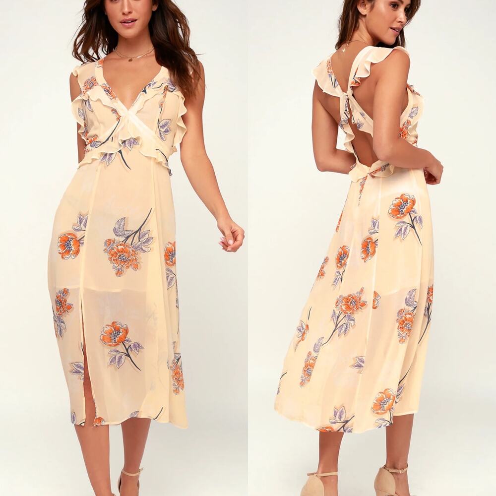 ASTR The Label Milani Peach Floral Print Backless Midi Dress